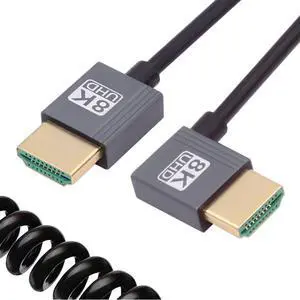 CY HDMI 2.1 Male to HDMI Male 8K 60hz Stretch Coiled Cable Left Angled 90 Degree for HDTV Computer Laptop Monitor