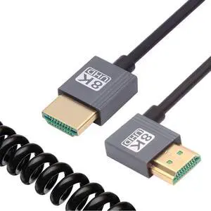 CY HDMI 2.1 Male to HDMI Male 8K 60hz Stretch Coiled Cable Right Angled 90 Degree for HDTV Computer Laptop Monitor
