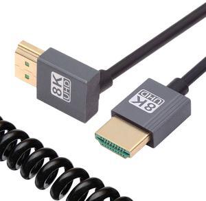 CY HDMI 2.1 Male to HDMI Male 8K 60hz Stretch Coiled Cable Up Angled 90 Degree for HDTV Computer Laptop Monitor
