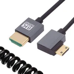 CY 90 Degree Left Angled Mini HDMI 2.1 Male to HDMI Male 8K 60hz Stretch Coiled Cable 100cm for HDTV Computer Laptop Monitor