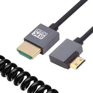 CY 90 Degree Right Angled Mini HDMI 2.1 Male to HDMI Male 8K 60hz Stretch Coiled Cable 100cm for HDTV Computer Laptop Monitor