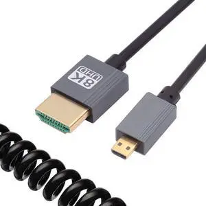 CY Micro HDMI 2.1 Male Type-D to HDMI Male 8K 60hz Stretch Coiled Cable 100cm for HDTV Camera Laptop Monitor