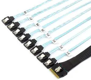 CY 100CM Slimline SAS 4.0 SFF-8654 8i 74pin Host Raid to 8 SATA 7pin Target Hard Disk Fanout Raid Cable 1-to-8 Splitter