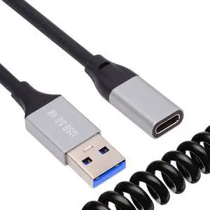 CY USB 3.0 Type-A Male to USB-C Type-C Female Stretch Coiled Cable 100cm Extension 5Gbps for Disk Phone Camera Data