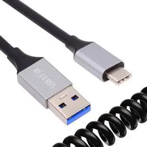 CY USB 3.0 Type-A Male to USB-C Type-C Male Stretch Coiled Cable 100cm Extension 5Gbps for Disk Phone Camera Data