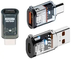 CY 3pcs/lot Type-C Smart LED USB-C to USB3.2 Type-A Adapter OTG 10Gbps 40Gbps 120W 240W Data Fast Charging Tester Detector