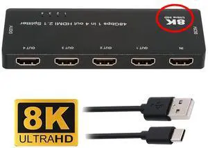 CY HDMI Splitter 8K 60hz Ultra-HD Converter Compatible 2.1 Switch 1-IN-4-OUT 48Gbps UHD Hub Support HDCP SST Extended 4K@120hz 3.5mm Audio