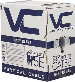 USA 1000ft. 24AWG, Vertical Cable CAT5E, 350 MHz, UTP,  8C Solid Bare Copper, Plenum, Bulk Ethernet Cable - Made in USA, Black