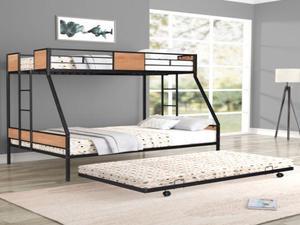 Metal Twin over Full Bunk Bed with Trundle/ Heavy-duty Sturdy Metal/ Noise Reduced/ Safety Guardrail/ Wooden Decoration/ Convenient Trundle / Bunk Bed for Three/ CPC Certified/ No Box Spring Needed