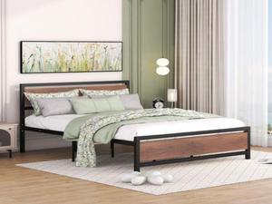 (Mattress not included.) Queen Size Platform Bed, Metal and Wood Bed Frame with Headboard and Footboard ,Black
