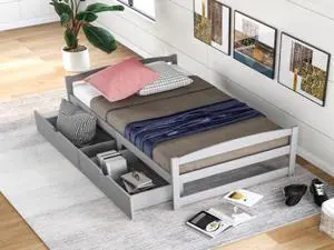 Twin size platform bed with two drawers gray