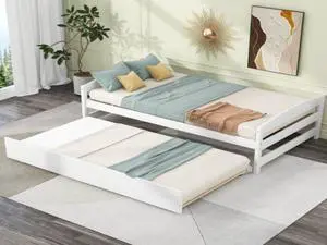 Pine Twin Size Platform Bed with Twin Size Trundle White Box Spring Not Required