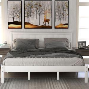Platform Bed Frame with Headboard, Wood Slat Support No Box Spring Needed Queen White