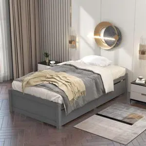 Solid Wood Twin Bed with 2 Drawers No Box Spring Needed Grey
