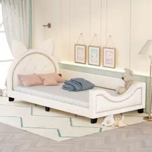 Single bed cot shape of cardboard ears with wooden slatted frames and backrest White