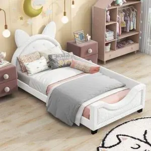 Teddy Fleece Twin Size shape of cardboard ears with wooden slatted frames and backrest White