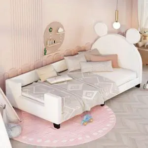 Children's bed upholstered bed with slatted frame Twin Size with Carton Ears Shaped Headboard White