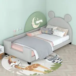 Children's bed upholstered bed with slatted frame Twin Size with Carton Ears Shaped Headboard Grey