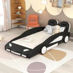 Children's bed Youth bed Twin Size Race Car-Shaped Platform Bed with Wheels Black