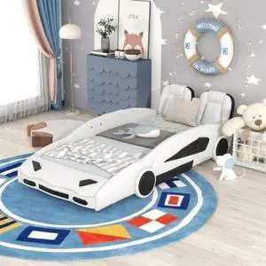 Twin Size Race Car-Shaped Platform Bed with Wheels Children's bed Youth bed White