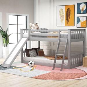 Twin over Twin Bunk Bed with Convertible Slide and Ladder for children teenagers adults easy to assemble Gray
