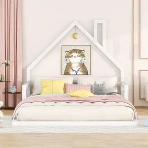 Full Size Wood Floor Bed with House-shaped Headboard White