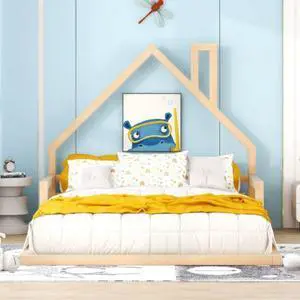 Full Size Wood Floor Bed with House-shaped Headboard Natural