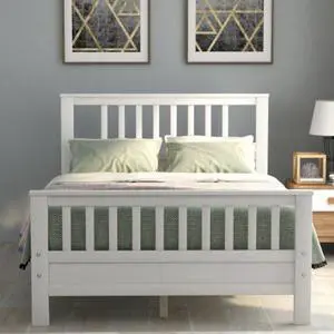 Wood Platform Bed with Headboard and Footboard Full bed Solid wood bed  White