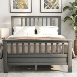 Full bed Wood Platform Bed with Headboard and Footboard Solid wood bed Gray