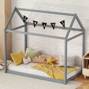 Twin Size Childrens bed Treehouse Wooden house-shaped cot Bed pine frame Gray