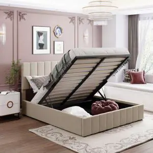 Queen size Upholstered Platform bed with a Hydraulic Storage System wooden slatted frame Beige