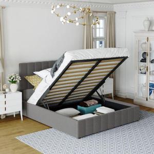 Upholstered Bed Queen size Platform bed with a Hydraulic Storage System wooden slatted frame Gray