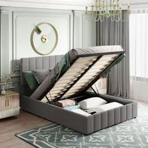 Double bed with hydraulically lifting bed storage space Full size Upholstered Platform bed Gray