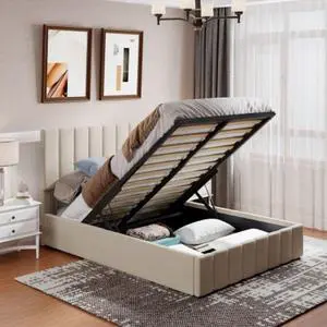 Full size Double bed with hydraulically lifting bed storage space Upholstered Platform bed Beige
