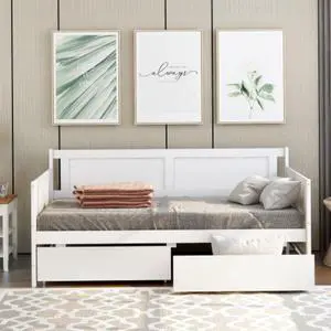Daybed with two drawers Twin size Sofa Bed Two Storage Drawers for Bedroom Living Room White