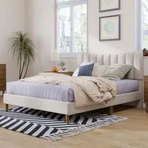 Full Bed Upholstered Platform Bed Frame with Vertical Channel Tufted Headboard No Box Spring Needed Cream