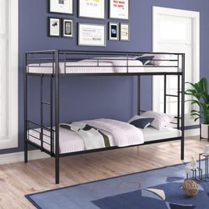 Twin over Twin Metal Bunk Bed Heavy-duty Sturdy Metal Noise Reduced Design 2 Side Ladders Safety Guardrail Black