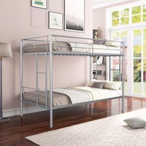 Twin over Twin Metal Bunk Bed Heavy-duty Sturdy Metal Noise Reduced Design 2 Side Ladders Safety Guardrail Silver