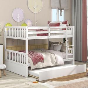 Full Over Full Bunk Bed with Trundle Convertible to 2 Full Size Platform Bed Full Size Bunk Bed with Ladder and Safety Rails for Kids Teens Adults White