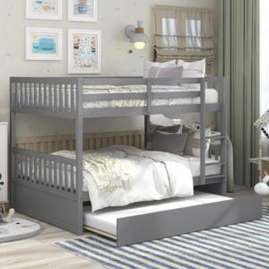 Full Over Full Bunk Bed with Trundle Convertible to 2 Full Size Platform Bed Full Size Bunk Bed with Ladder and Safety Rails for Kids Teens Adults Gray