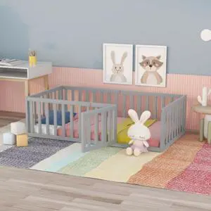 Twin Size Wood Floor Bed Frame with Fence and Door Gray