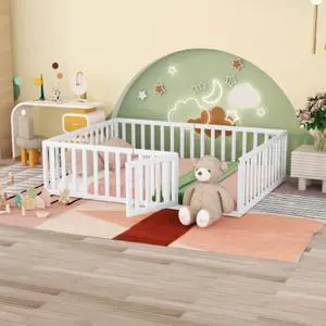 Queen Size Wooden Cot Wood Floor Bed Frame with Fence and Door White