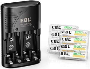 Rechargeable AAA Batteries 800mAh (8 Packs) with Smart Rapid Battery Charger with AC Wall Plug for AA AAA 9V Ni-MH Ni-CD Rechargeable Batteries
