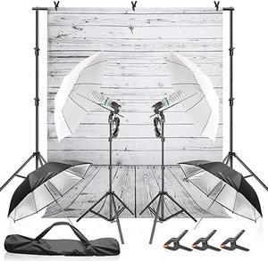 Wood Floor Backdrop with Umbrella Lighting Kit 400W 5500K 10ft Background Support Stand Bulb Socket Spring Clamp White Black Umbrella Reflector Photography Studio JSAG355