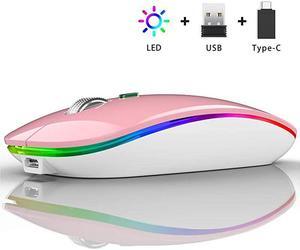 LED Wireless Mouse  G12 Slim Rechargeable Wireless Silent Mouse 24G Portable USB Optical Wireless Computer Mice with USB Receiver and Type C Adapter Pink