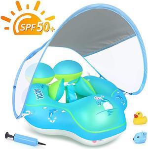 Baby Swimming Pool Float with Removable UPF 50+ UV Sun Protection CanopyToddler Inflatable Pool Float for Age of 336 MonthsSwimming Trainer Blue XL