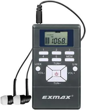EXG108 Wireless Stereo FM Radio Receiver Portable Pocket Small Mini FM Radio Receiver Earbuds LCD Clock Earphone for FM Translator Tour Guide System Jogging Running Walking Yardwork Gray