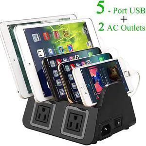 USB Ports Charging Station Organizer for Multiple Devices QC 20 Fast Charging Desktop Stand for Apple Android Phone Tablet 1600W 2 AC Power Outlets Charger Dock for Home Office 3 Prong Cord Black