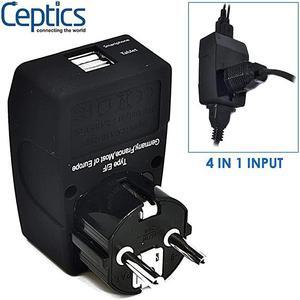 GP49 2 USB Schuko Travel Adapter 4 in 1 Power Plug Type EF Universal Socket
