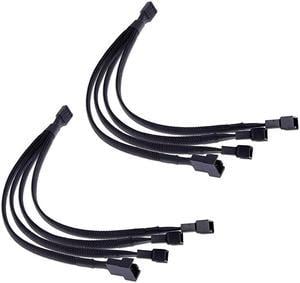 PWM Fan Splitter Cable 4 Pin Black Sleeved Case Fan Splitter Cable 1 to 4 Converter Braided Y Splitter Computer PC Fan Extension Power Cable 10.5 Inches 2 Pack
